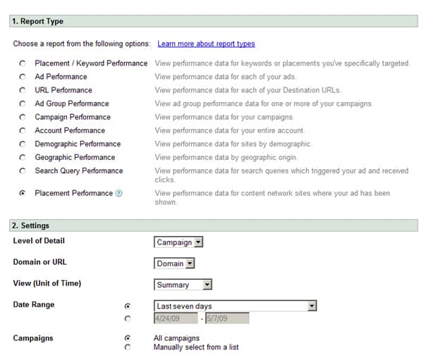 Placement Performance Report settings