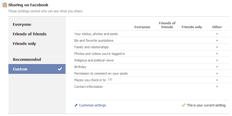 Facebook settings