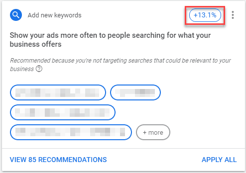 A recommendation from Google to add new keywords.