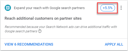 A recommendation from Google to add the Google Search Partners to the campaign