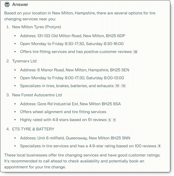 Searching for car tyres with Perplexity - note the differences. All the information you probably need, with no clicks to follow.